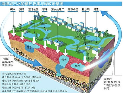 海绵城市水的循环收集与释放示意图